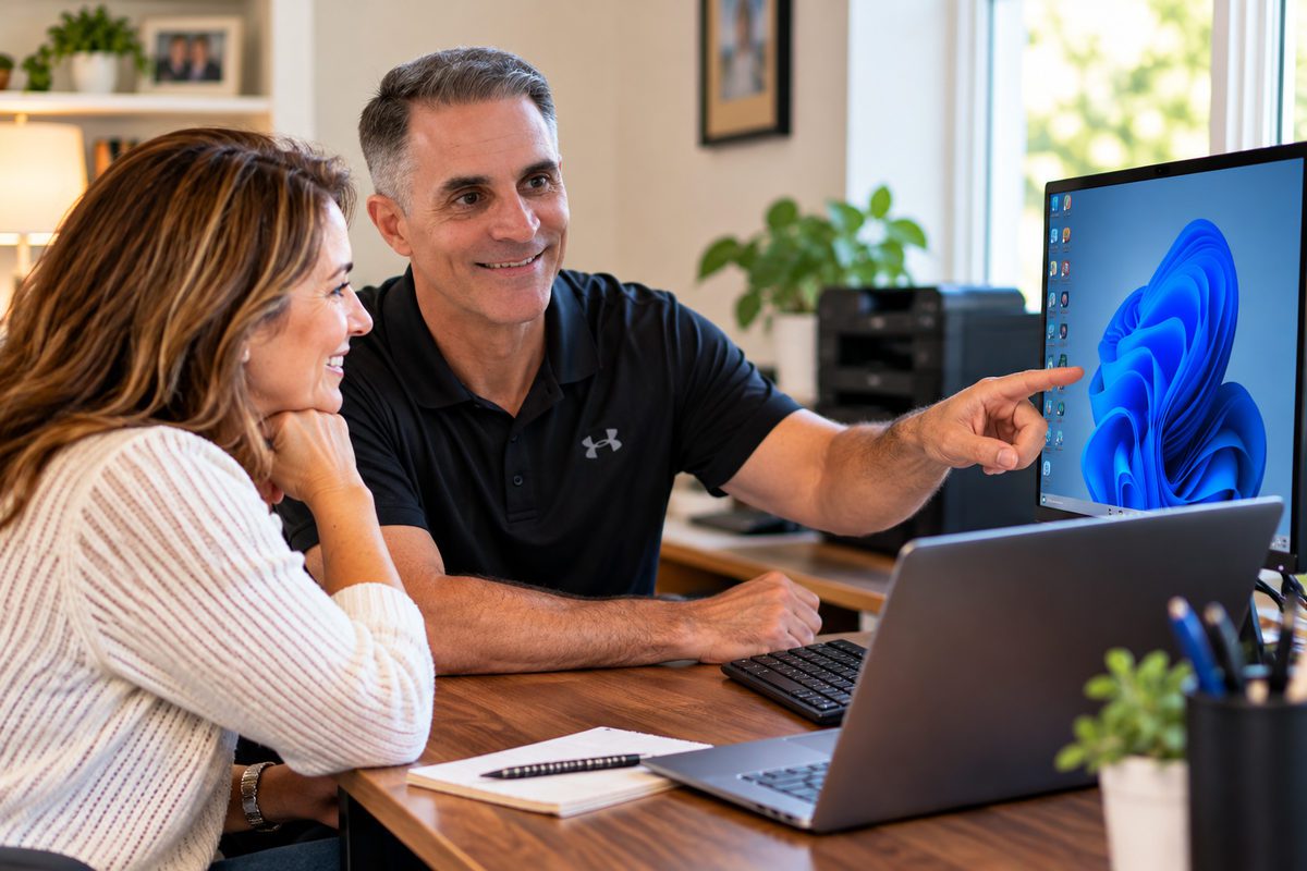 Home and small business computer support in Lafayette, LA, with a Hub City PC Repair technician helping a customer troubleshoot a Windows computer